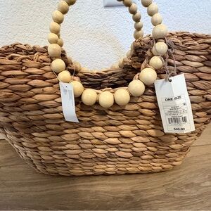 a new day Brown Woven Tote with Cream Beaded Handles